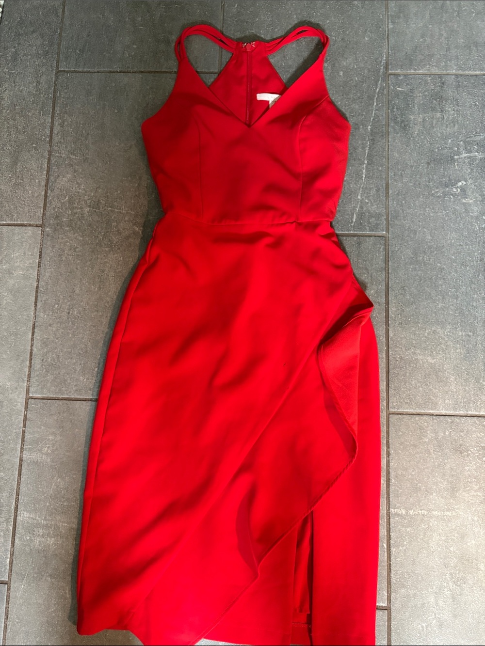 Red Sleeveless Midi Dress with Ruffle Front